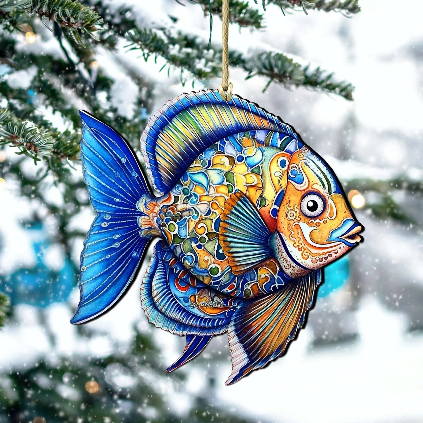 Wooden Christmas Tree Decorations - Blue Fish Wooden Ornaments by G.Debrekht Coastal Holiday Decor - 8688301