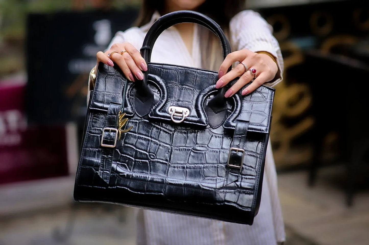 Stacy - Black Croc Tote Bag