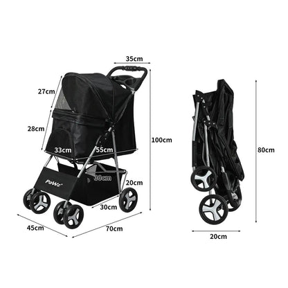 PaWz 4 Wheels Pet Stroller Dog Cat Cage Black